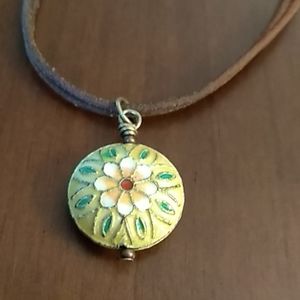 Cloisonne pendant short leather choker necklace